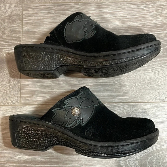 BORN Pattina Black Suede Clogs Leather Leaf Detail 7 - Picture 14 of 16